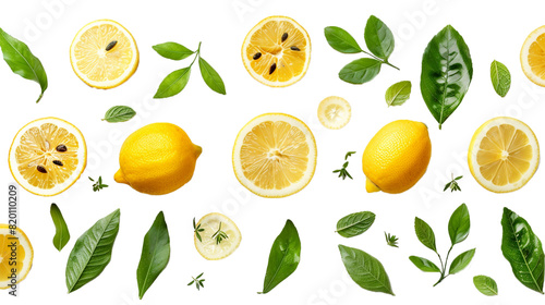 Collection of flying ripe juicy yellow lemons  green leaves isolated. Cut out organic lemon. With clipping path. Citrus tropical fruit  vitamin C. Creative food levitation concept