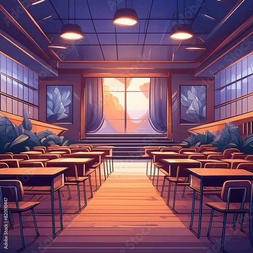 style graphique anime, salle de classe moderne, vue sur la scène depuis une place assise, nuit, ambiance lugubre 