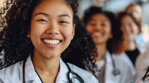 An Asian girl doctor in medical clothes smiles among her medical colleagues, demonstrating the cohesion of the hospital team.