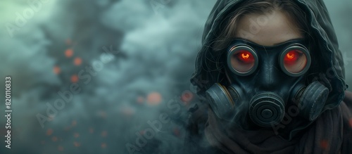 person with glowing red eyes in a gasmask standing in the smoke.  photo