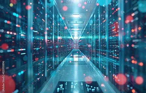 3D rendering of a data center with servers and digital technology in the background, a futuristic network connection abstract wallpaper design for an internet concept