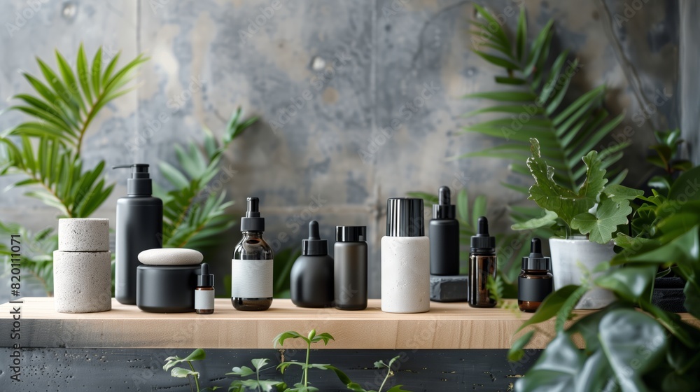 A wooden shelf with cosmetic bottles against the background of concrete walls. A wooden shelf with cosmetic bottles against the background of concrete walls.