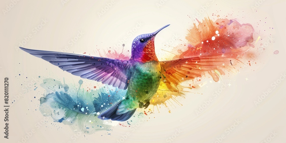 Obraz premium Rainbow-Colored Bird Soaring in Negative Space