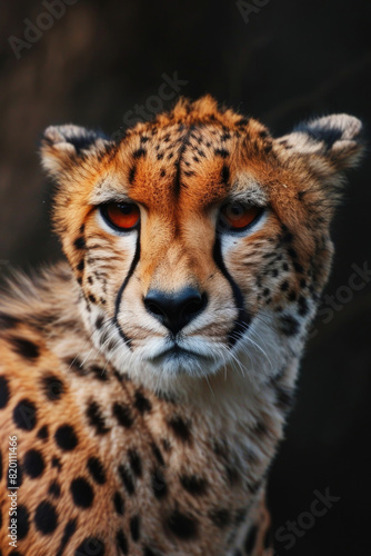 A close-up portrait of a leopard reveals its characteristic spotted fur