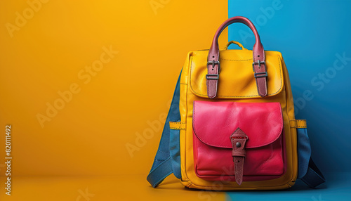 A colorful backpack with a yellow pocket sits on a blue and red background by AI generated image