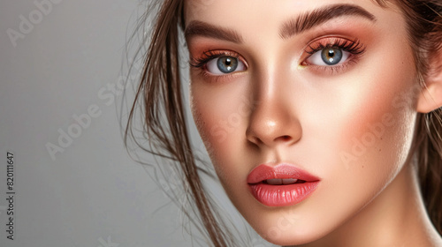 Wallpaper Mural Portrait of woman with flawless makeup. A beautiful portrait of a woman with flawless makeup, showcasing perfect skin and vibrant eye makeup. Torontodigital.ca