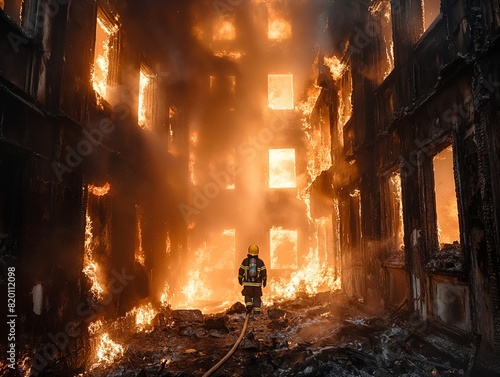 A firefighter stands in front of a burning building. The scene is chaotic and dangerous  with the firefighter trying to put out the fire
