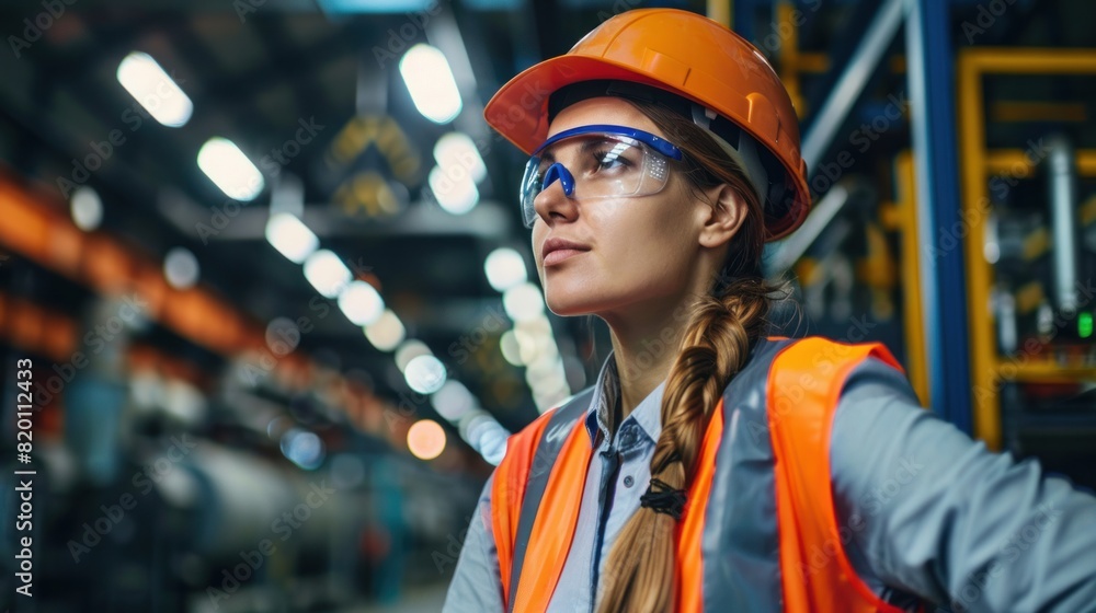 Quality control is carried out by a female engineer inspector using safety equipment during factory inspection of metalwork fabrication Quality control is carried out by a female engineer inspector using safety equipment during factory inspection of metalwork fabrication