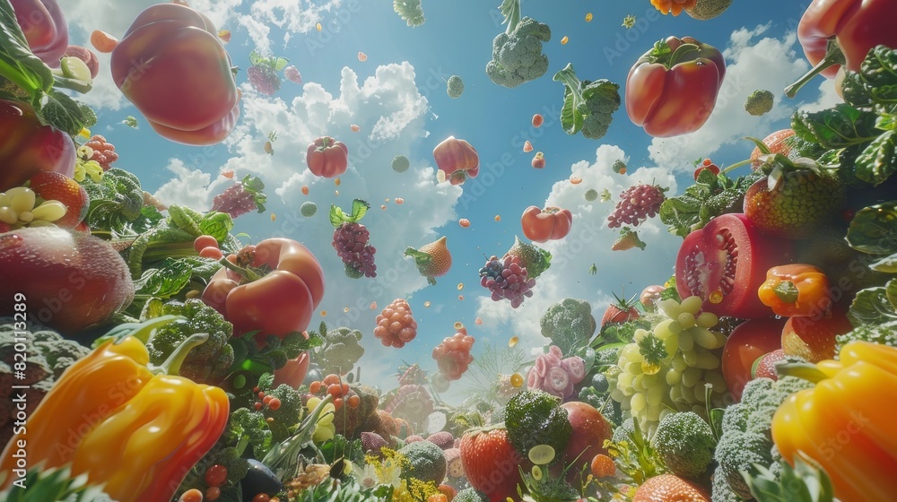 Falling vegetables. Broccoli, tomatoes and bell peppers are falling from the sky. Falling vegetables. Broccoli, tomatoes and bell peppers are falling from the sky.