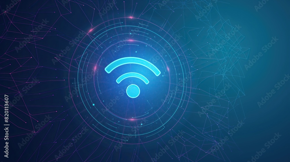 A conceptual illustration of a digital network with a glowing Wi-Fi symbol representing connectivity and advanced technology.. A conceptual illustration of a digital network with a glowing Wi-Fi symbol representing connectivity and advanced technology..
