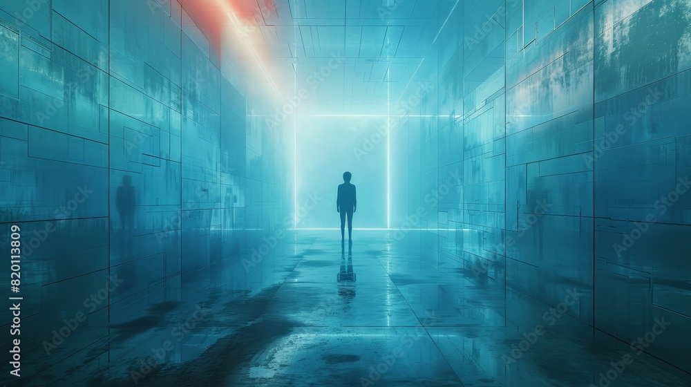 The image is a dark and mysterious corridor with a figure standing at the end of it The image is a dark and mysterious corridor with a figure standing at the end of it