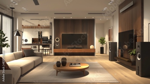 Multi-room speaker system shown in a modern apartment  seamlessly integrated into the home decor.