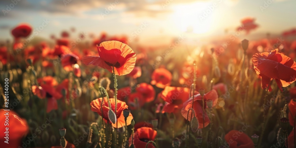 Obraz premium Vibrant Poppy Field in Full Bloom Illuminated by Sunlight, Symbolizing Remembrance Day, Memorial Day, Anzac Day in New Zealand, Australia, Canada, and Great Britain, Evoking the Armistice Concept.