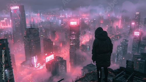 The image shows a dark figure standing on a rooftop overlooking a futuristic city