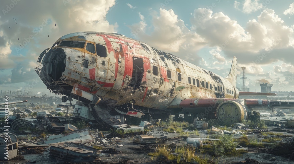 The image shows a post-apocalyptic scene with a destroyed airplane in the foreground. The sky is cloudy and the ground is covered in debris. The image shows a post-apocalyptic scene with a destroyed airplane in the foreground. The sky is cloudy and the ground is covered in debris.