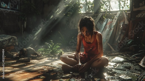 The image shows a young woman sitting in a ruined building