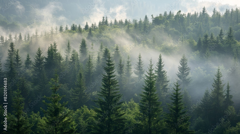 Fototapeta premium Tranquil Mystical Morning in Enchanting Mountain Forest Background