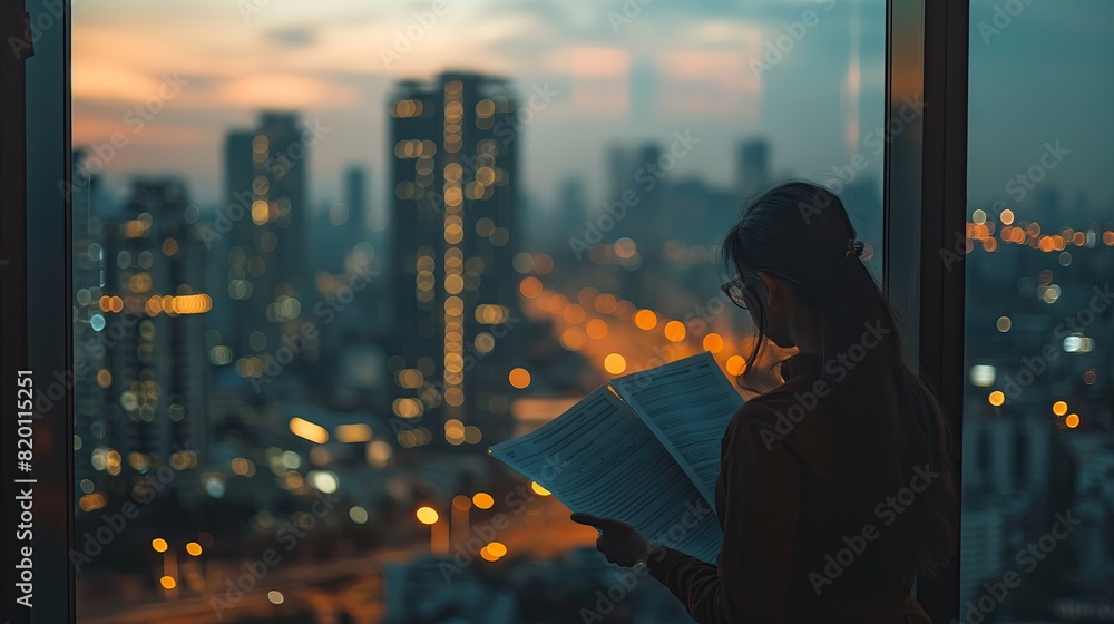 A businessman reads a document with blurred city lights in the background, capturing the essence of corporate life and urban atmosphere.. A businessman reads a document with blurred city lights in the background, capturing the essence of corporate life and urban atmosphere..