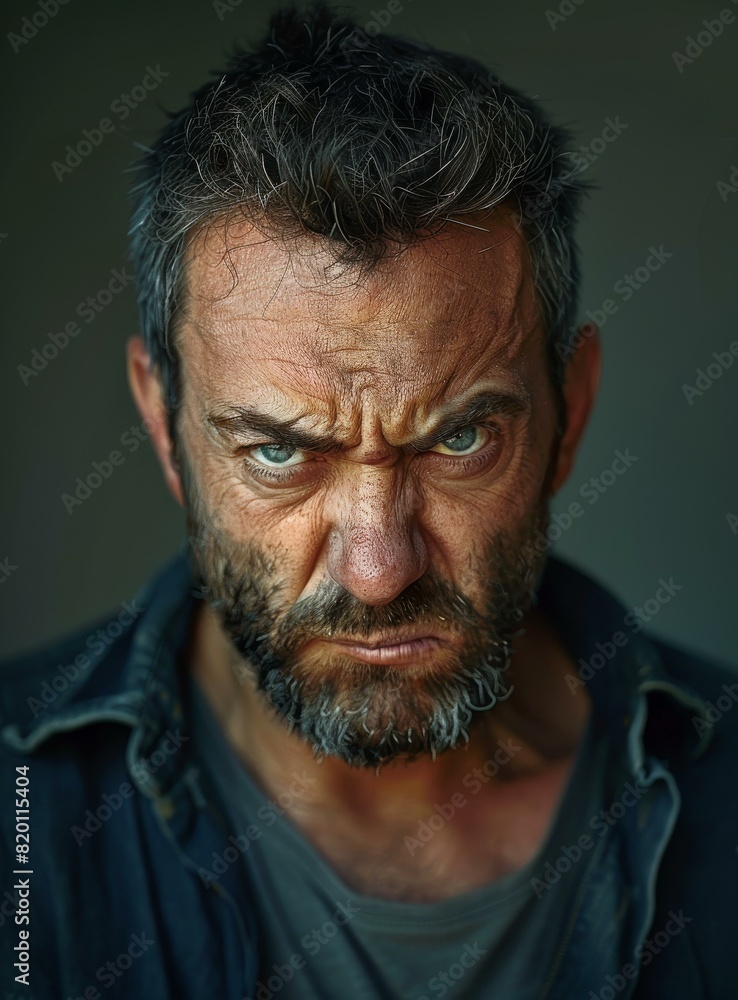 Obraz premium Portrait of a man with a beard and a scowl on his face