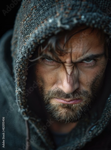 Portrait of a man in a hood looking angry photo