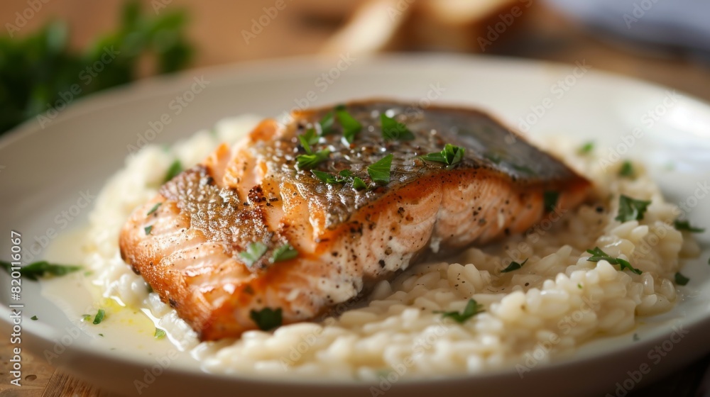 Pan-seared salmon fillet with crispy skin, served over a bed of creamy risotto and garnished with fresh parsley. Pan-seared salmon fillet with crispy skin, served over a bed of creamy risotto and garnished with fresh parsley.