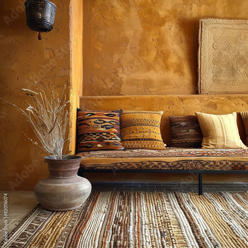 Ethnic interior in ocher color. Stone texture, Rust, cotton.