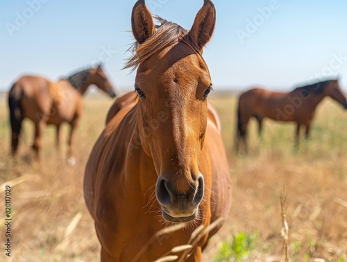 A brown horse is standing in a field with other horses. The horse is looking at the camera