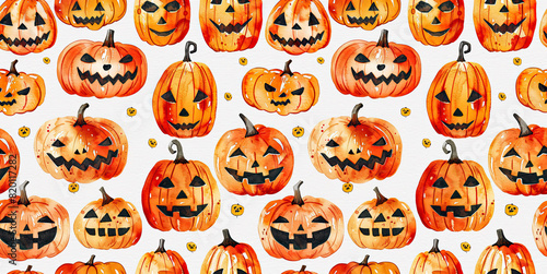 Playful seamless pattern background featuring watercolor Halloween pumpkins with various jack-o'-lantern faces. Perfect for festive textiles, wallpapers, and gift wraps