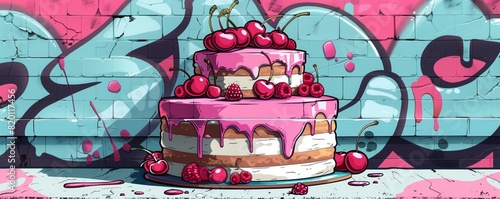 A large cake with layers of cream, pink icing, and cherries on top