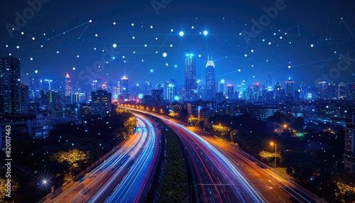 A city at night with a highway in the middle by AI generated image