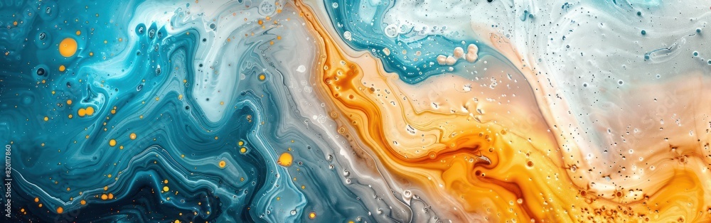 Fluid Marbling in Blue, Turquoise, White, and Gold: Abstract Oil and Acrylic Paint Background for Art, Illustration, Wallpaper, and Banner