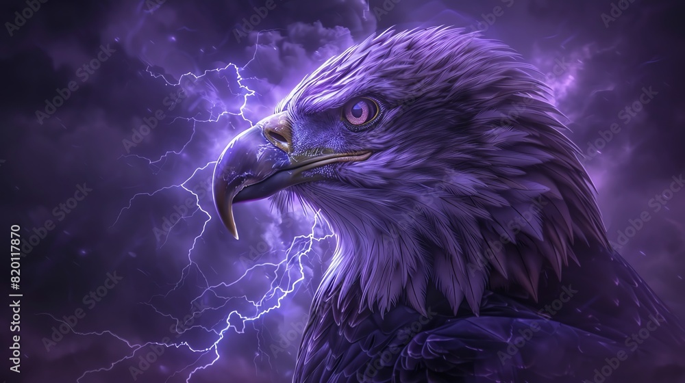 Obraz premium Digital art closeup of eagle with lightning, dark moody tones, hyperrealistic style, smooth lighting, sleek lines, dark backdrop, purple light effects, trending on Artstation