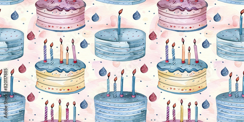 Festive seamless pattern with watercolor sweet birthday cakes. Cake with a candle. Ideal for kids holiday, party, Happy Birthday, wallpaper and gift wrapping.