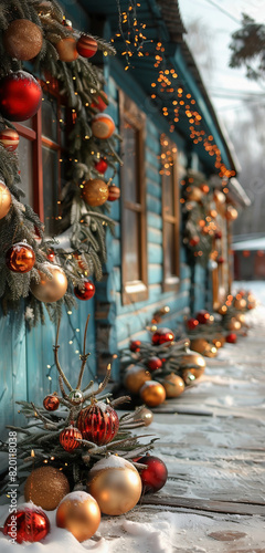 Facade of an old wooden house with Christmas decorations on a sunny winter day. Christmas holidays. Christmas theme.