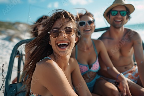 A group of friends is having fun and enjoying a sunny day at the beach, creating memorable moments and engaging in outdoor activities such as sunbathing and socializing under the bright sunshine