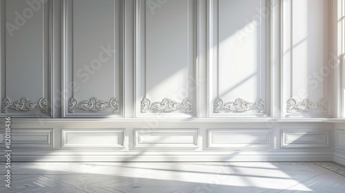 3d rendering of an elegant wall with classical ornament and white paneling. Sunlight shines through the window  creating beautiful shadows on the floor.