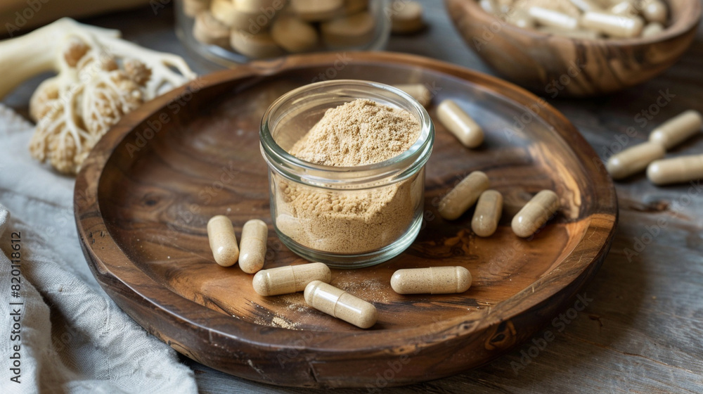 Fototapeta premium Organic maca powder in a glass jar and maca capsules on a wooden plate, health supplement concept