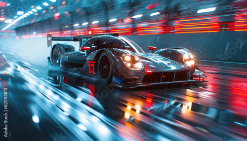 A red race car is driving down a wet road with a sunset in the background by AI generated image