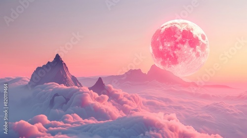 3d rendering of huge pastel pink and red moon in the sky above clouds with fantasy mountain, fantasy landscape, fantasy world view