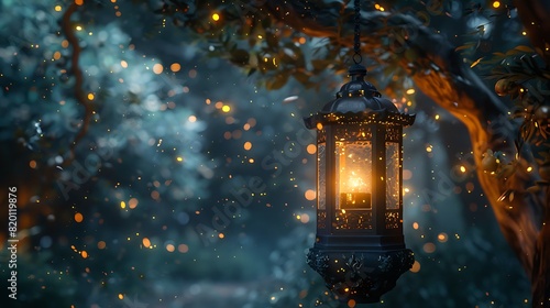 A solitary lantern, flickering softly within a cocoon of glowing fireflies, suspended on a pedestal of woven dreams. photo