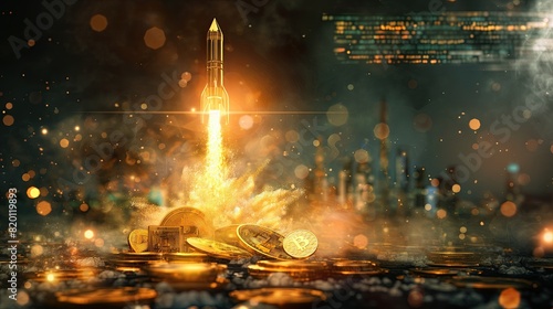 Bitcoin coins with rocket launch symbolizing rapid rise in cryptocurrency value, set against a backdrop of digital trading charts..