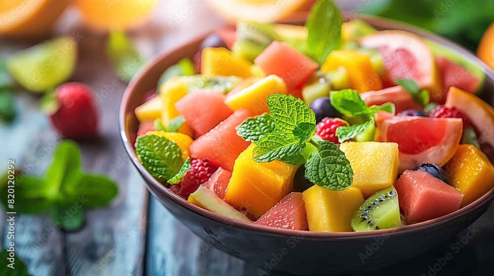 A colorful and refreshing fruit salad featuring a variety of fresh fruits and garnished with mint leaves, perfect for a healthy snack.. A colorful and refreshing fruit salad featuring a variety of fresh fruits and garnished with mint leaves, perfect for a healthy snack..