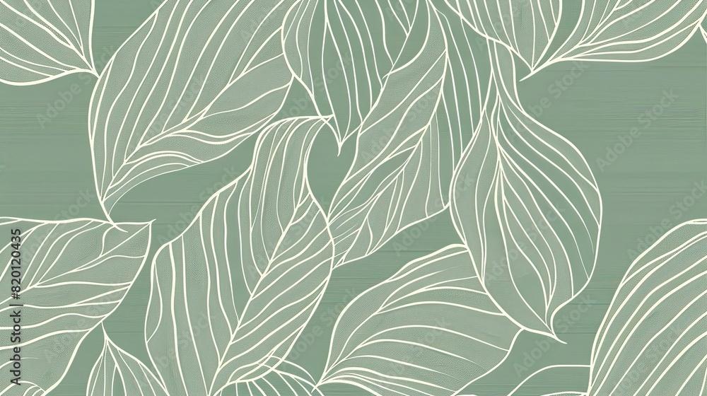 A delicate pattern of abstract line art leaves on a soft green background, creating a serene and modern botanical design.. A delicate pattern of abstract line art leaves on a soft green background, creating a serene and modern botanical design..
