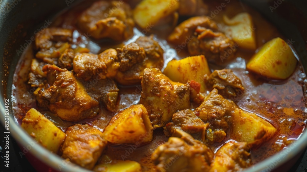Spicy chicken vindaloo curry simmering in a pot, with potatoes and tender pieces of meat in a rich and flavorful sauce. Spicy chicken vindaloo curry simmering in a pot, with potatoes and tender pieces of meat in a rich and flavorful sauce.