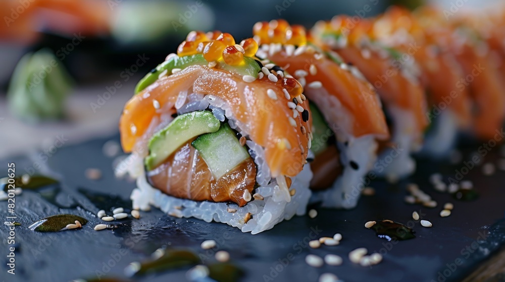Spicy salmon roll sushi with avocado and cucumber, topped with spicy mayo and sesame seeds, served on a black plate. Spicy salmon roll sushi with avocado and cucumber, topped with spicy mayo and sesame seeds, served on a black plate.