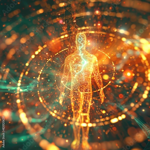 3D rendering of the human body as a hologram with an energy field around it