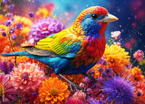 Close up Painted Bunting bird surrounded be an explosion of colorful flowers