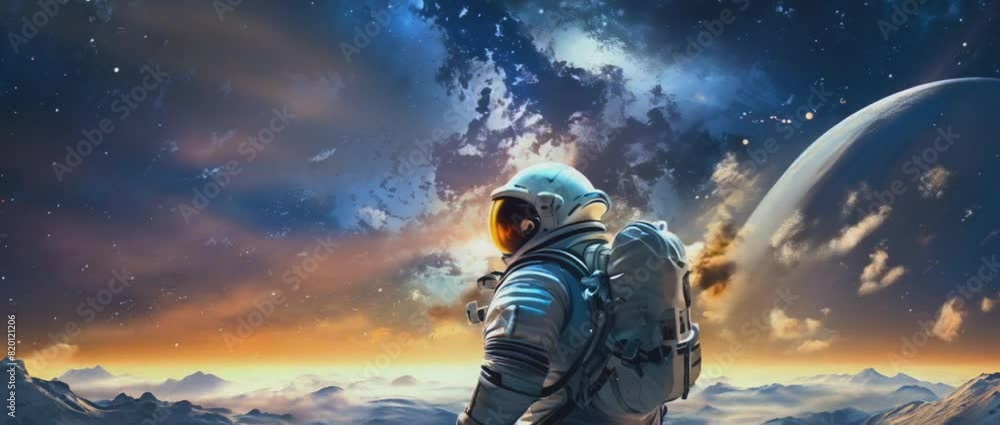 Astronaut marvels at cosmic sunset on alien terrain, surrounded by galaxies and stars, embodying solitude and awe Astronaut marvels at cosmic sunset on alien terrain, surrounded by galaxies and stars, embodying solitude and awe