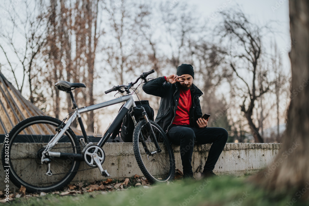 Fototapeta premium A young man sits on a concrete wall in a park next to his mountain bike, making a face or gesture during his break.