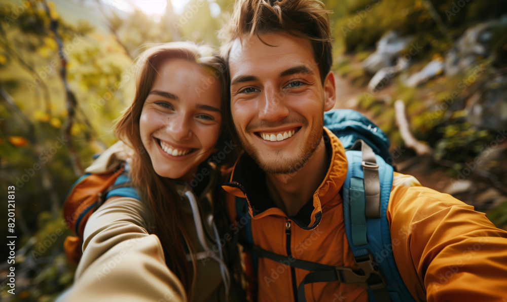 A young couple takes a selfie. Selfie against the backdrop of nature. Autumn nature in the background. A young couple takes a selfie. Selfie against the backdrop of nature. Autumn nature in the background.